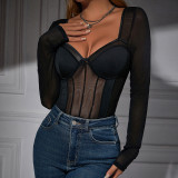 Autumn And Winter Sexy See-Through Low Back Lacemesh Patchwork Long-Sleeved Bodysuit