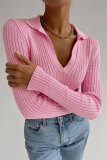 Autumn And Winter Turndown Collar V-Neck Knitting Sweater Chic Career Slim Ribbed Basic Pullover Top For Women