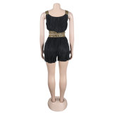 Women Sexy Pleated Webbing Patchwork Suspenders Top and Shorts Two-Piece Set