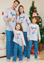 Christmas Cartoon Deer Blue Plaid Round Neck Long-Sleeved Parent-Child Family Pajama Set