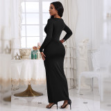 Women's Autumn Fashion Sexy V-Neck Slim Pleated Solid Color Long-Sleeved Dress