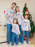 Christmas Cartoon Deer Blue Plaid Round Neck Long-Sleeved Parent-Child Family Pajama Set