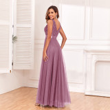 Patchwork Elastic Waist Sleeveless Double V Neck Evening Gown with Embroidered Tulle Elegant Long Swing Party Dress