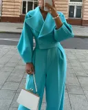Autumn Long Solid Color Turndown Collar Slim Waist Slim Fit Two Piece Blazer Pants Set Chic Career Suit