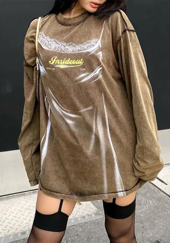 High Street Fashion Basic Printed Long-Sleeved Loose T-Shirt For Women