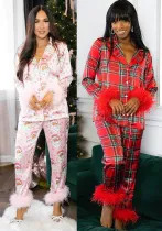 Santa Claus Print Two Piece Lounge Satin Pajamas Set