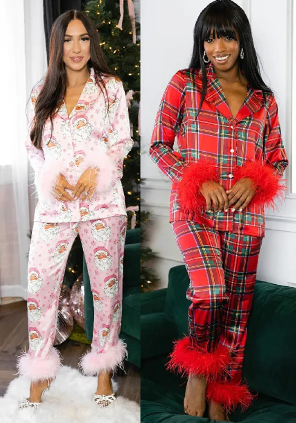 Santa Claus Print Two Piece Lounge Satin Pajamas Set
