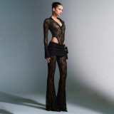 Women Sexy Lace Patchwork Deep V Long Sleeve Top and See-Through High Waist Bell Bottom Pants Two Piece Set