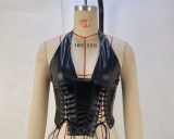 Women pu Leather Halter Neck Sexy Lace-Up Tank Top