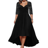 Plus Size Women Solid V Neck Long Sleeve Sequins Maxi Dress