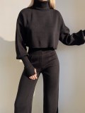 Women Casual High Neck Loose Long Sleeve Top and Pant Two-piece Set