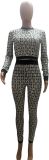 Autumn And Winter Women's Elastic Printed Contrasting Color Slim Fit Long-Sleeved Two-Piece Pants Set