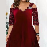 Plus Size Women Autumn Solid Sequins Maxi Dress