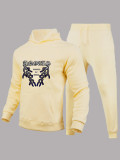 Men's Letter Printed Velvet Hoodies and Pant Sports Two-piece Set