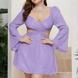 Plus Size Sexy Women Bell Bottom Sleeve Wrap Chest Hollow Dress