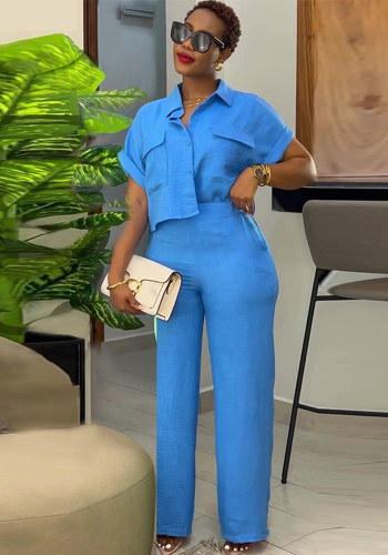 Women Casual Solid Turndown Collar short-sleeved shirt and wide-leg Pant two-piece set