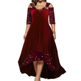Plus Size Women Autumn Solid Sequins Maxi Dress