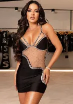 Women Beaded See Through Stretch Strap Bodycon Dress