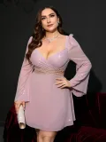 Plus Size Sexy Women Bell Bottom Sleeve Wrap Chest Hollow Dress