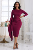 Sexy Nine Quarter Sleeve Pleated Lace-Up Women's Fashion Office Chic Slim Fit Bodycon Dress