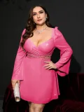 Plus Size Sexy Women Bell Bottom Sleeve Wrap Chest Hollow Dress