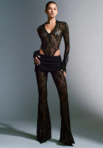 Women Sexy Lace Patchwork Deep V Long Sleeve Top and See-Through High Waist Bell Bottom Pants Two Piece Set