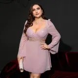 Plus Size Sexy Women Bell Bottom Sleeve Wrap Chest Hollow Dress