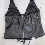 Women pu Leather Halter Neck Sexy Lace-Up Tank Top