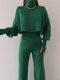 Women Casual High Neck Loose Long Sleeve Top and Pant Two-piece Set