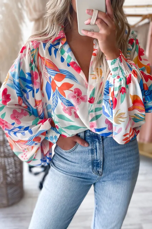 Autumn Multicolor Floral Print Puff Sleeve Shirt