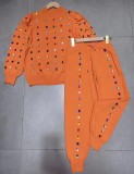 Autumn Casual Knitting Long-Sleeved Diamond Two Piece Pants Set For Women