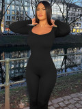Women Winter Solid Square Neck Pleated Long Sleeve Jumpsuit