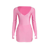 Women Autumn Solid V-Neck Long Sleeve Bodysuit and Skirt Two-piece Set