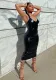 Women sexy Strap v-neck slit pu Leather Midi Dress
