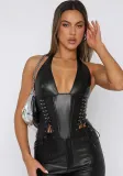 Women pu Leather Halter Neck Sexy Lace-Up Tank Top