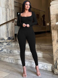 Women Winter Solid Square Neck Pleated Long Sleeve Jumpsuit