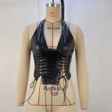 Women pu Leather Halter Neck Sexy Lace-Up Tank Top