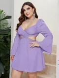 Plus Size Sexy Women Bell Bottom Sleeve Wrap Chest Hollow Dress
