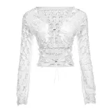 Autumn Women lace-up Crop Top and high-waisted Lace mesh Pant two-piece set