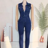 African Women Sexy Sleeveless Lace-up Stretch Casual Denim Jumpsuit