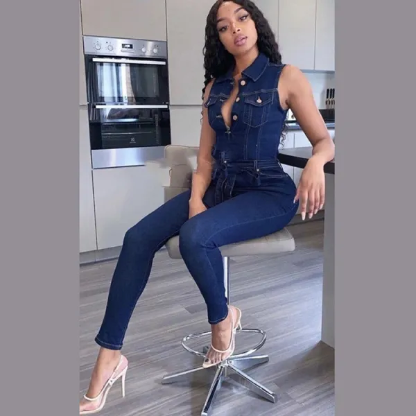 African Women Sexy Sleeveless Lace-up Stretch Casual Denim Jumpsuit
