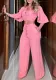 Women Autumn V-neck Bell Bottom Sleeve Tie Top and Wide Leg Pants Casual Two-piece Set