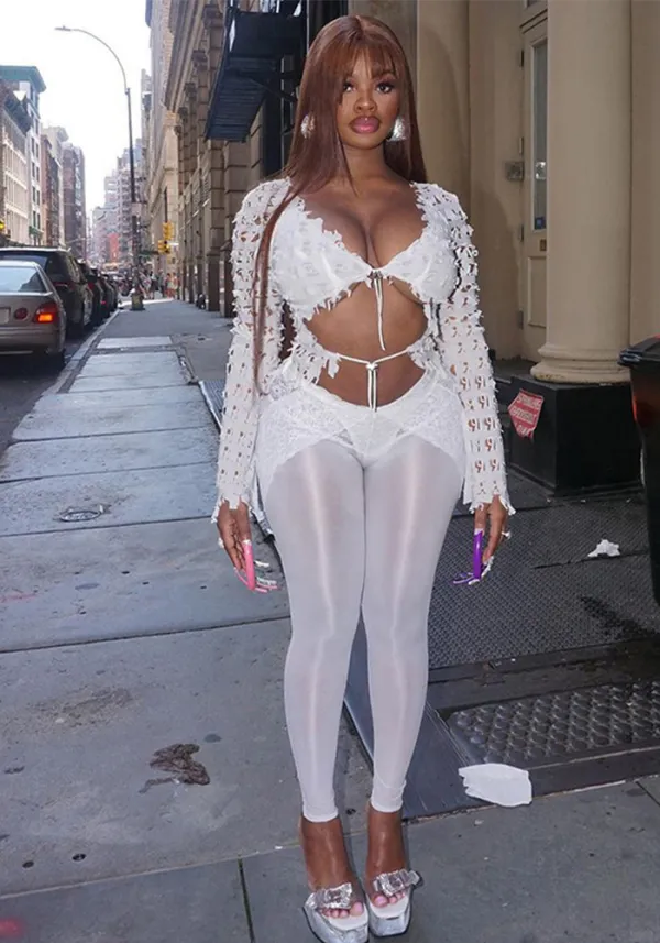 Autumn Women lace-up Crop Top and high-waisted Lace mesh Pant two-piece set