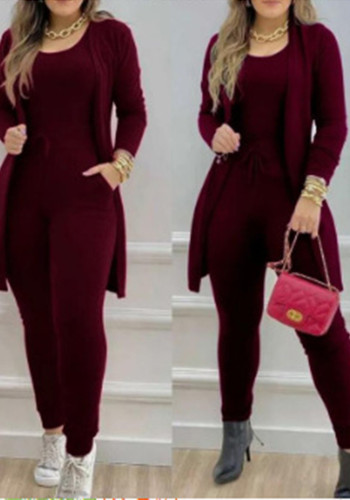 Women Solid Round Neck Jumpsuit and Long Sleeve Coat Casual Two-piece Set