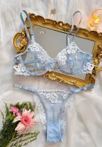 Women Autumn French Printed Embroidered Mesh See-Through Sexy Lingerie Two-piece Set