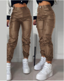 Women Zip Pleated Pockets Casual PU-Leather Pants