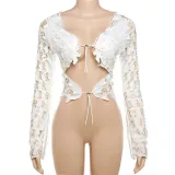 Autumn Women lace-up Crop Top and high-waisted Lace mesh Pant two-piece set
