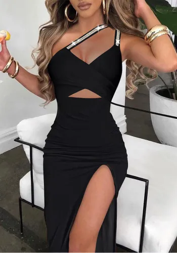 Summer Women Casual Irregular Shoulder Straps Beaded Slit Hollow Bodycon Sleeveless Dress
