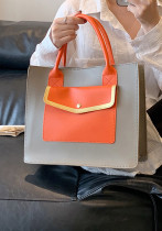 Women PU large capacity handbag contrast color tote bag