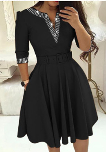 Women Elegant Beaded Long Sleeve Solid V-Neck Dress with Belt